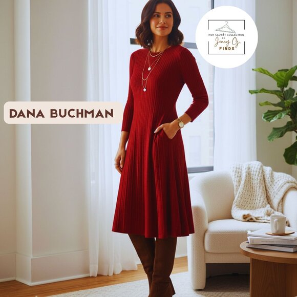 Dana Buchman Viva Wine Red A-Line Silhouette Flowy 3/4 Sleeve Midi Dress Med NWT - Picture 1 of 15